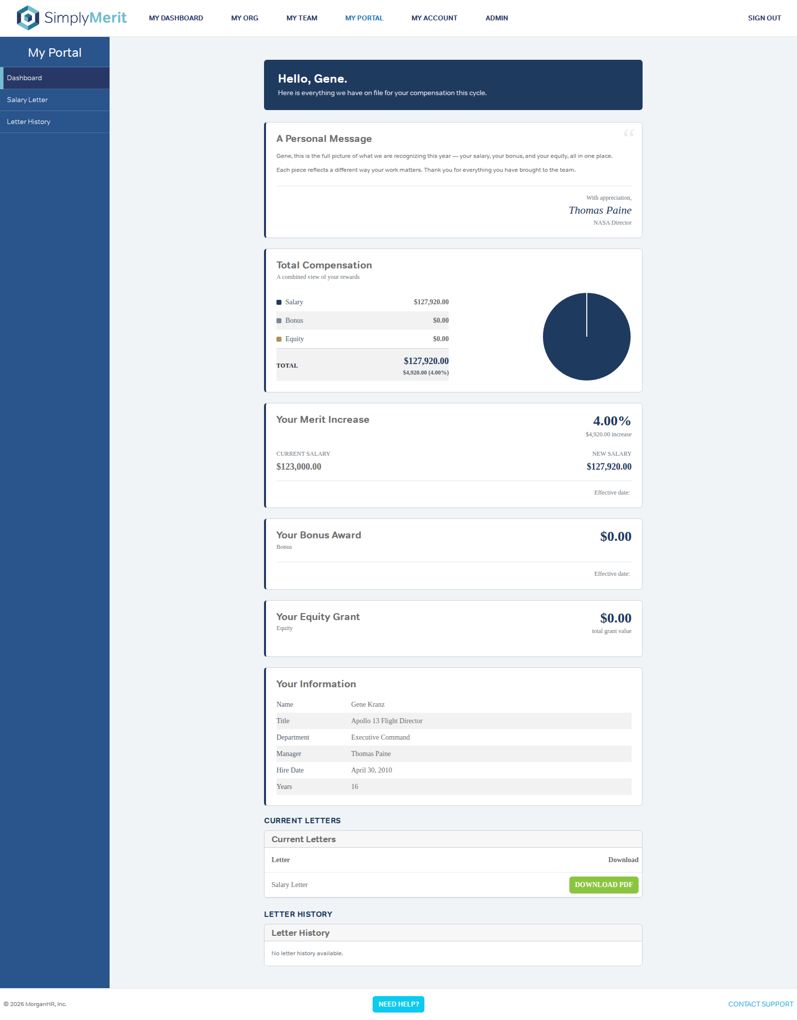 Employee portal showing published letter labels and download access