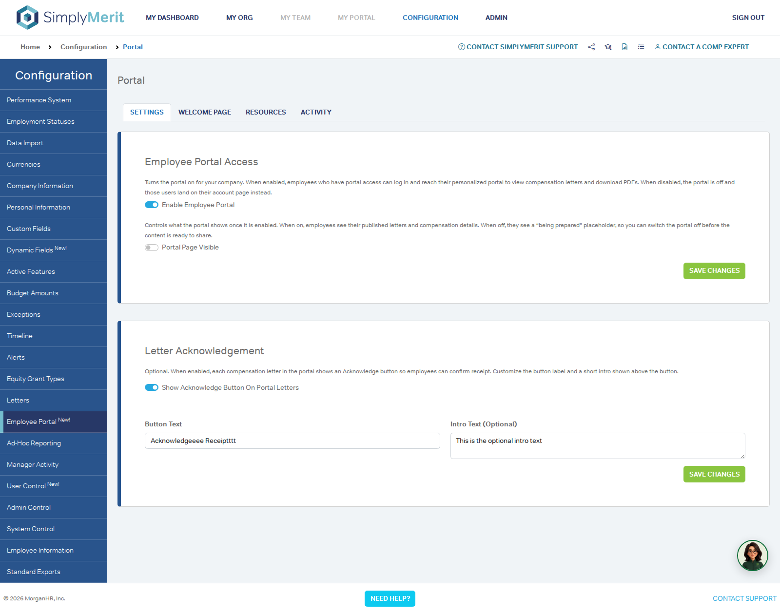 Employee Portal settings showing Enable Employee Portal and Portal Page Visible controls