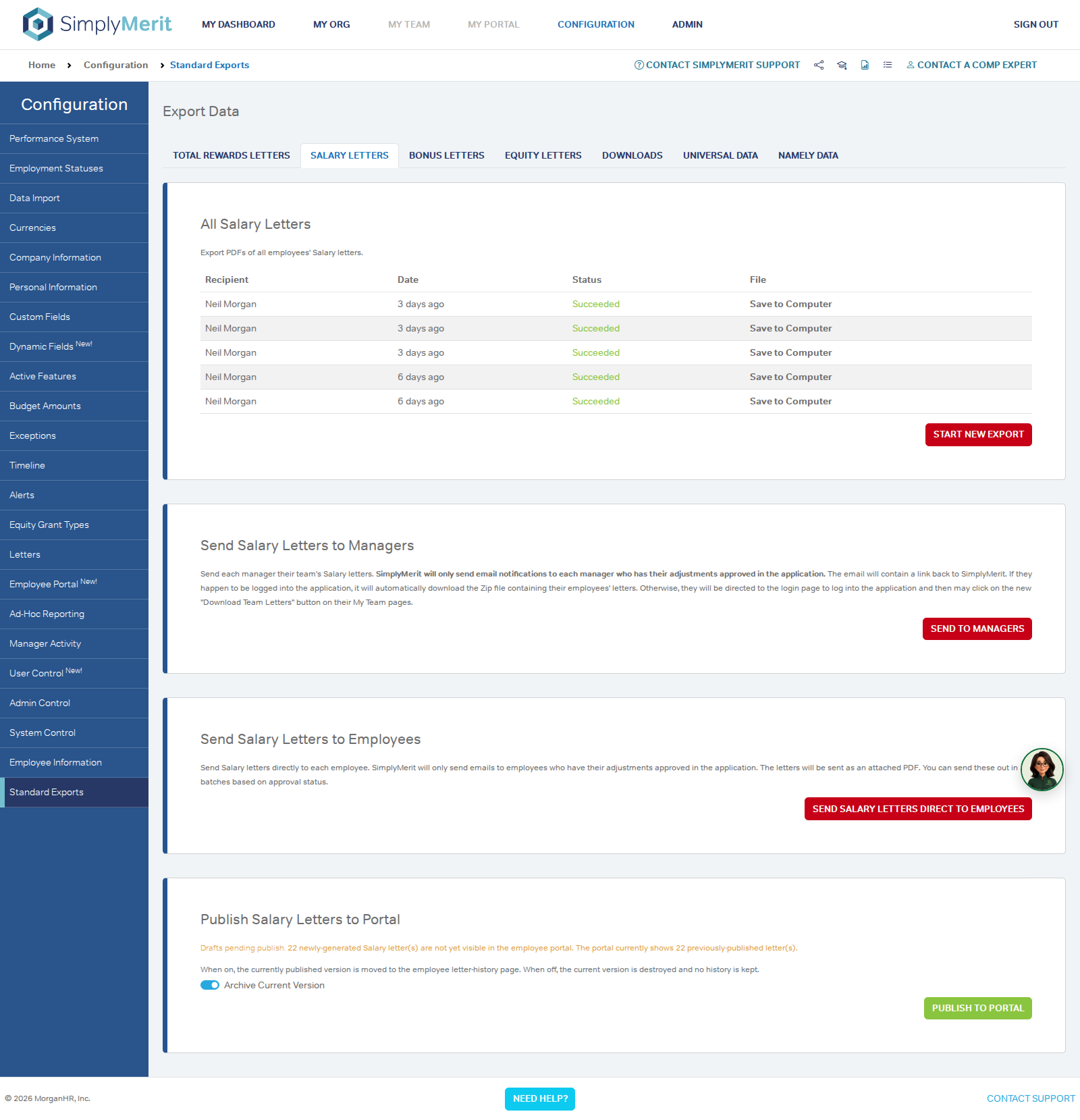 Standard Exports Salary Letters tab showing portal publishing and draft/published letter counts