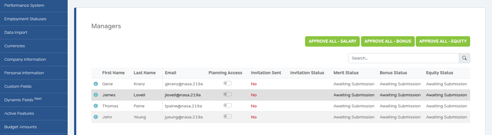 Manager Activity screen showing manager access, invitation, and approval status columns