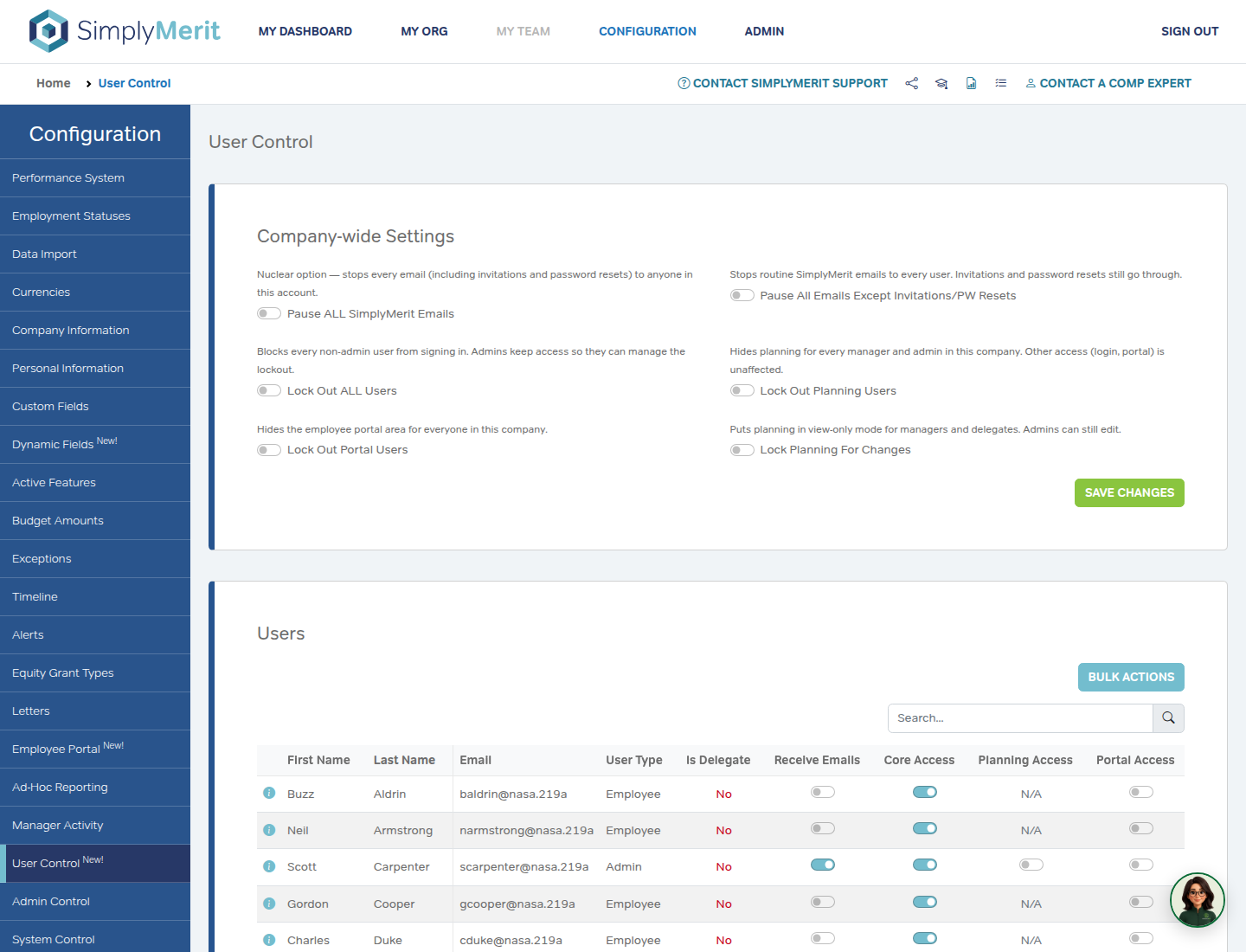 SimplyMerit User Control page showing company-wide settings and user access controls