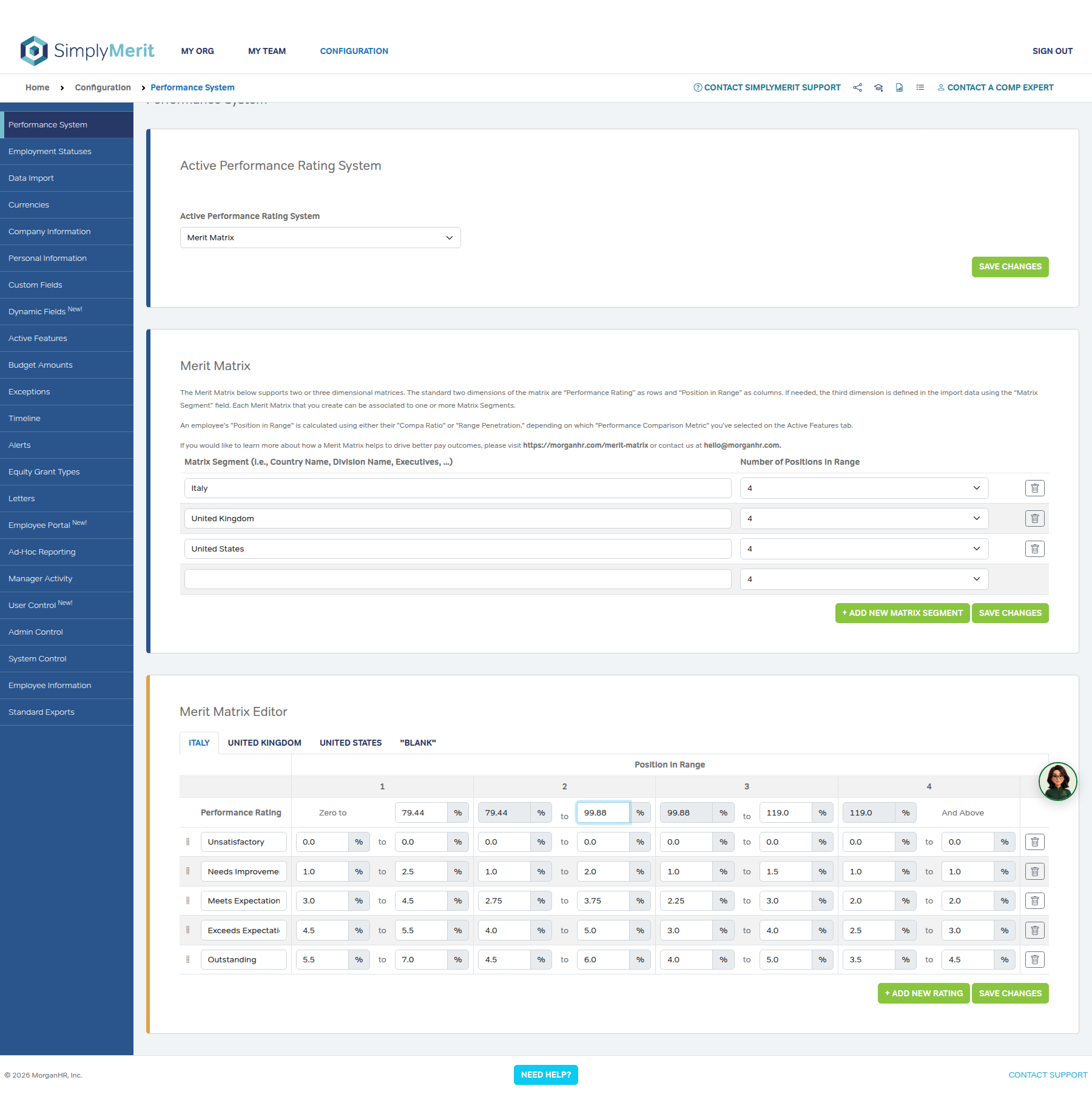 SimplyMerit Merit Matrix showing decimal Position in Range high ends and auto-filled low ends