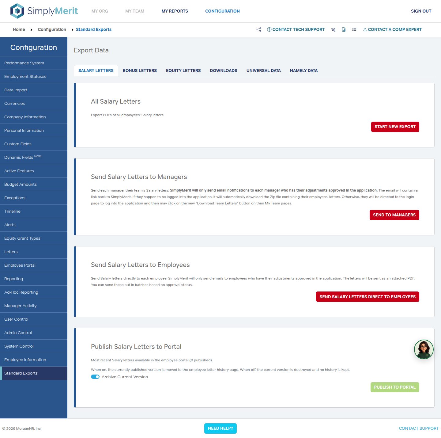 Standard Exports letter tab showing Publish to Portal and Archive Current Version controls